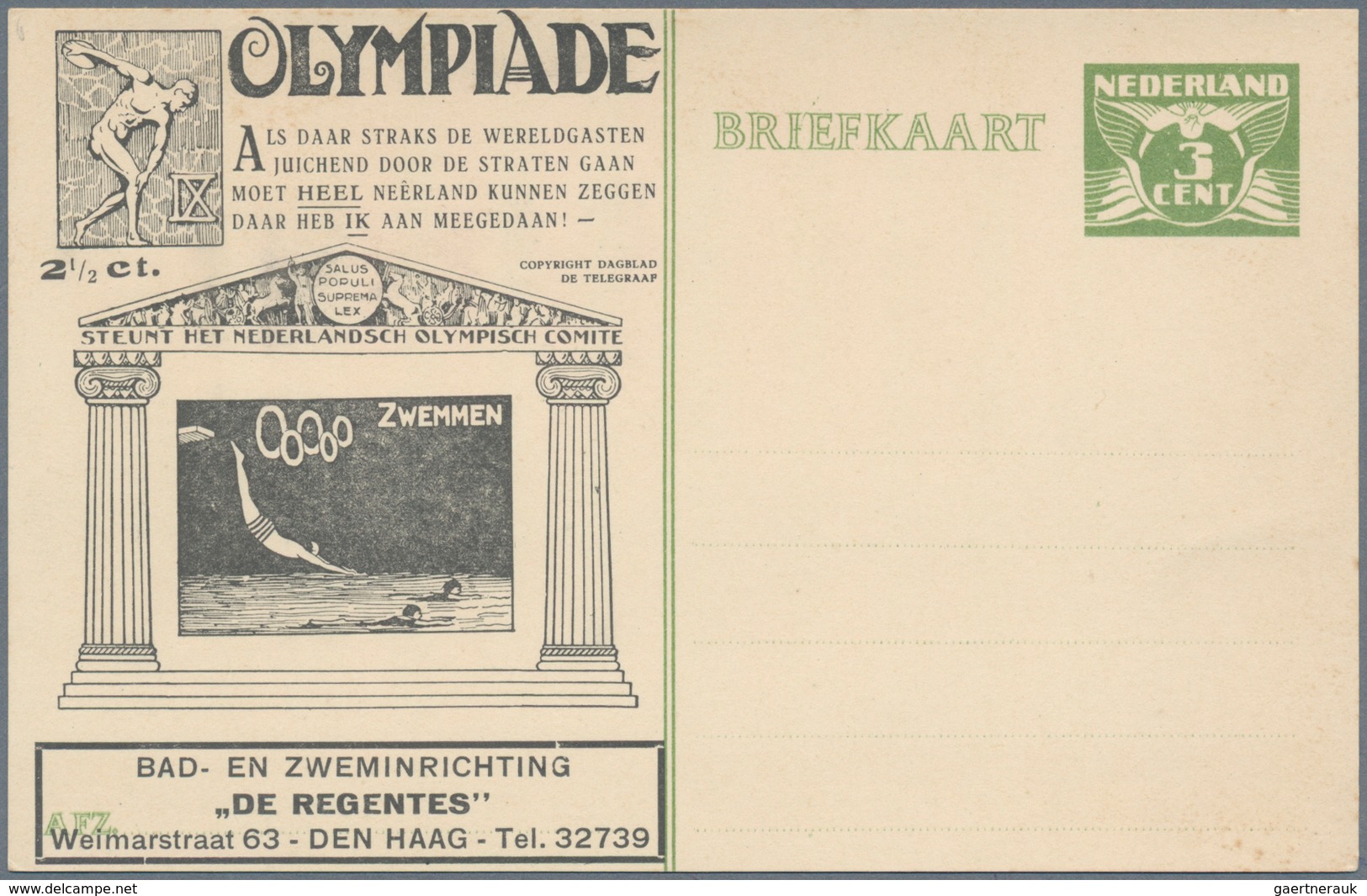Thematik: Olympische Spiele / Olympic Games: 1928, Niederlande, 3 C. Grün Olympia Sonder-Postkarte M - Other & Unclassified