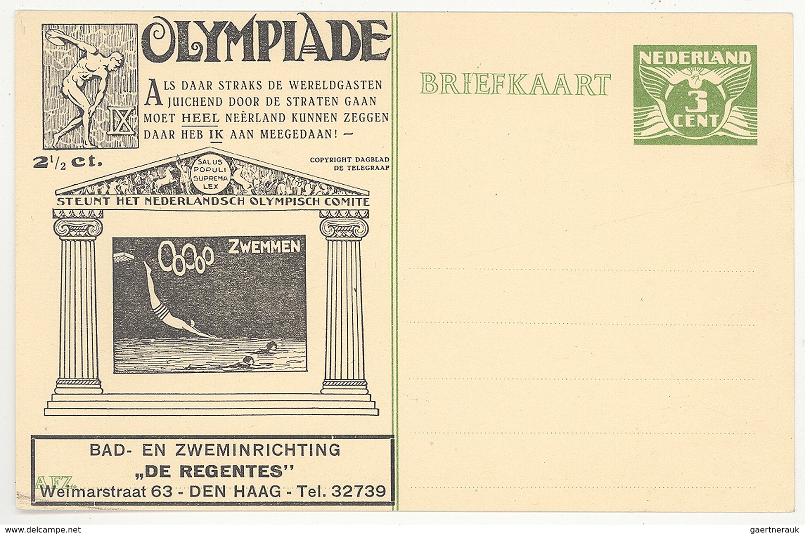 Thematik: Olympische Spiele / Olympic Games: 1928, Niederlande, GSK 3 C. Mit Vs. Schwarzem Zudruck " - Sonstige & Ohne Zuordnung