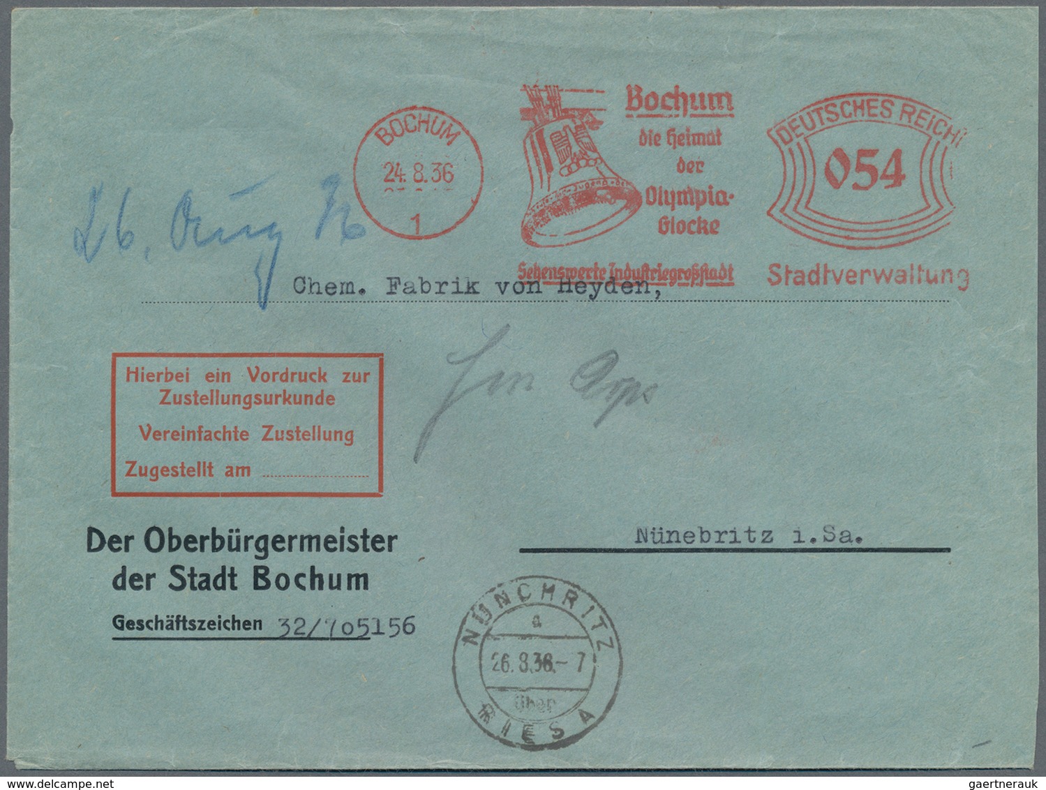 Thematik: Olympische Spiele / Olympic Games: 1936, Dt. Reich. Freistempler " 54 Pf Bochum 24.8.36 - - Andere & Zonder Classificatie