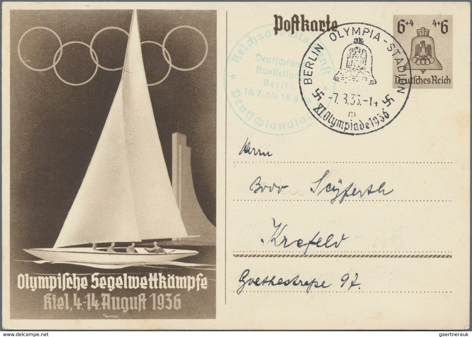 Thematik: Olympische Spiele / Olympic Games: 1936, German Reich. Olympic Postcard 6p Olympic Bell "S - Other & Unclassified