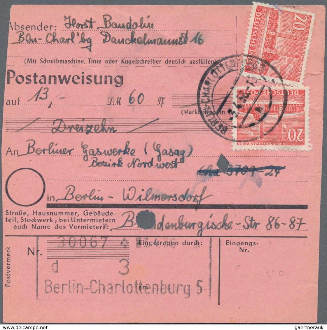 Thematik: Olympische Spiele / Olympic Games: 1956, Berlin. Multiple Franking With Two Times "20pf Ol - Andere & Zonder Classificatie