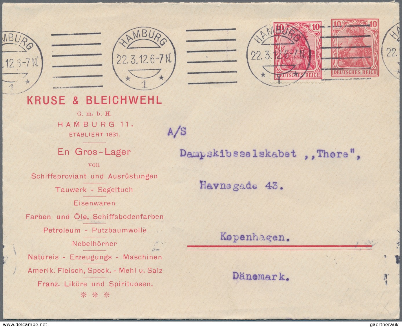 Thematik: Schiffe / Ships: 1912, German Reich. Private Envelope 10p Germania "Kruse & Bleichwehl, Ha - Boten