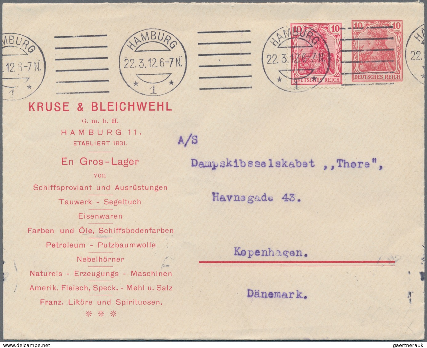 Thematik: Schiffe / Ships: 1912, German Reich. Private Envelope 10p Germania "Kruse & Bleichwehl, Ha - Ships