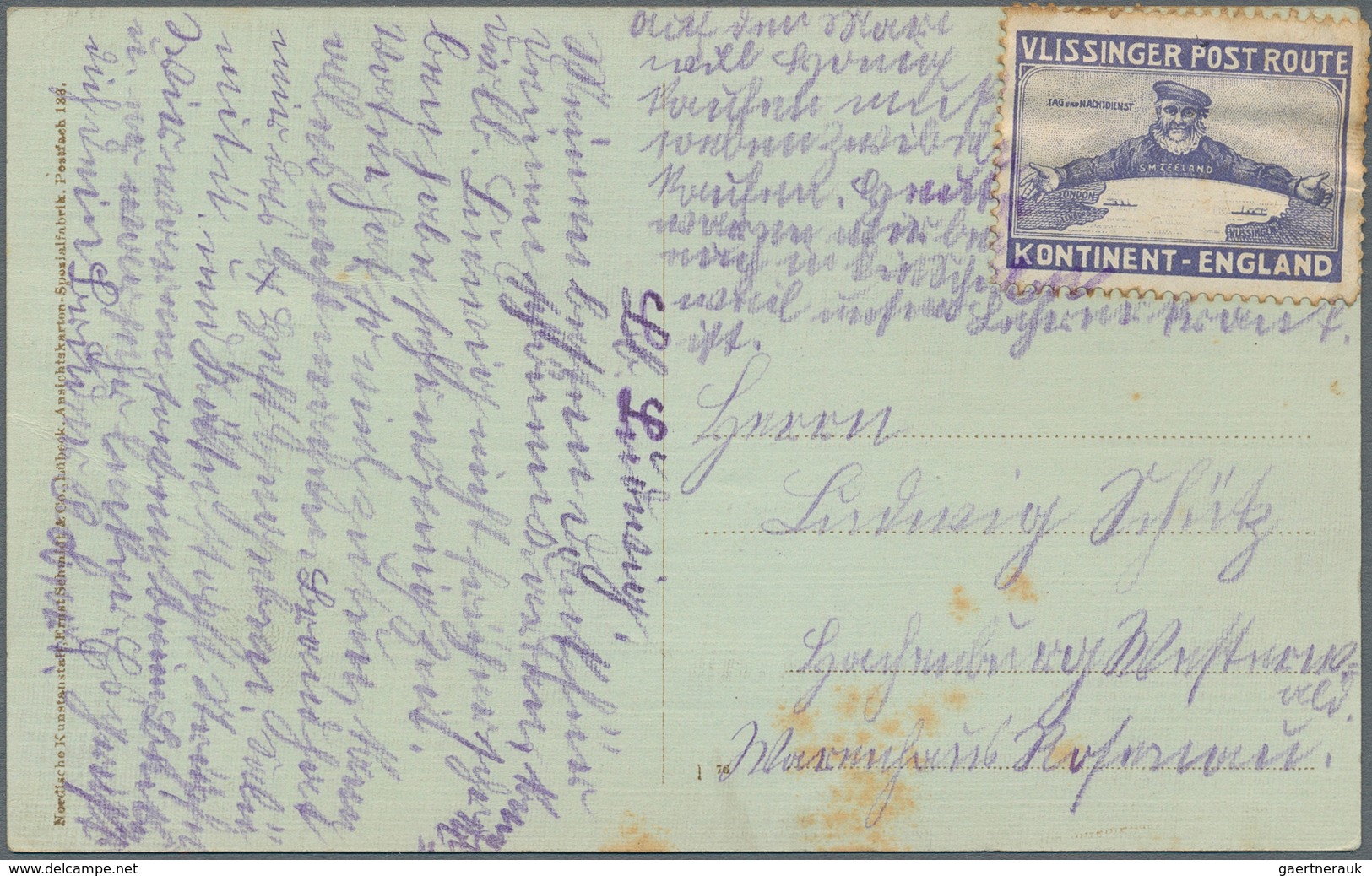Thematik: Schiffe / Ships: 1913, "VLISSINGER POST ROUTE KONTINENT-ENGLAND", Two Vignettes (in Violet - Boten