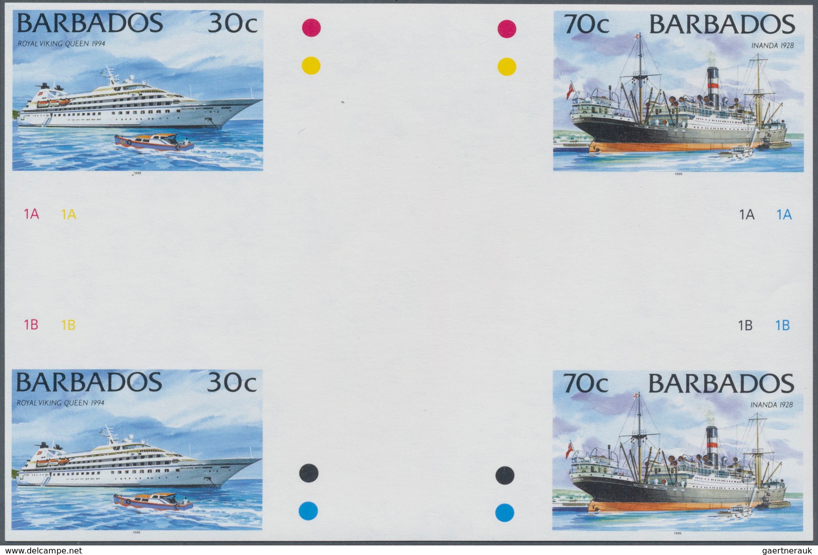 Thematik: Schiffe / Ships: 1996, Barbados. IMPERFORATE Cross Gutter Pair For The 30c And 70c Values - Schiffe
