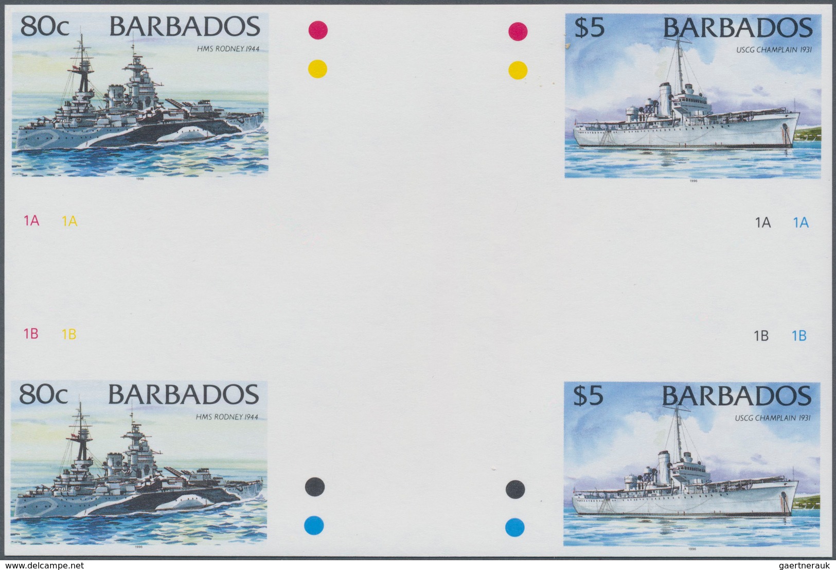 Thematik: Schiffe / Ships: 1996, Barbados. IMPERFORATE Cross Gutter Pair For The 80c And $5 Values O - Schiffe