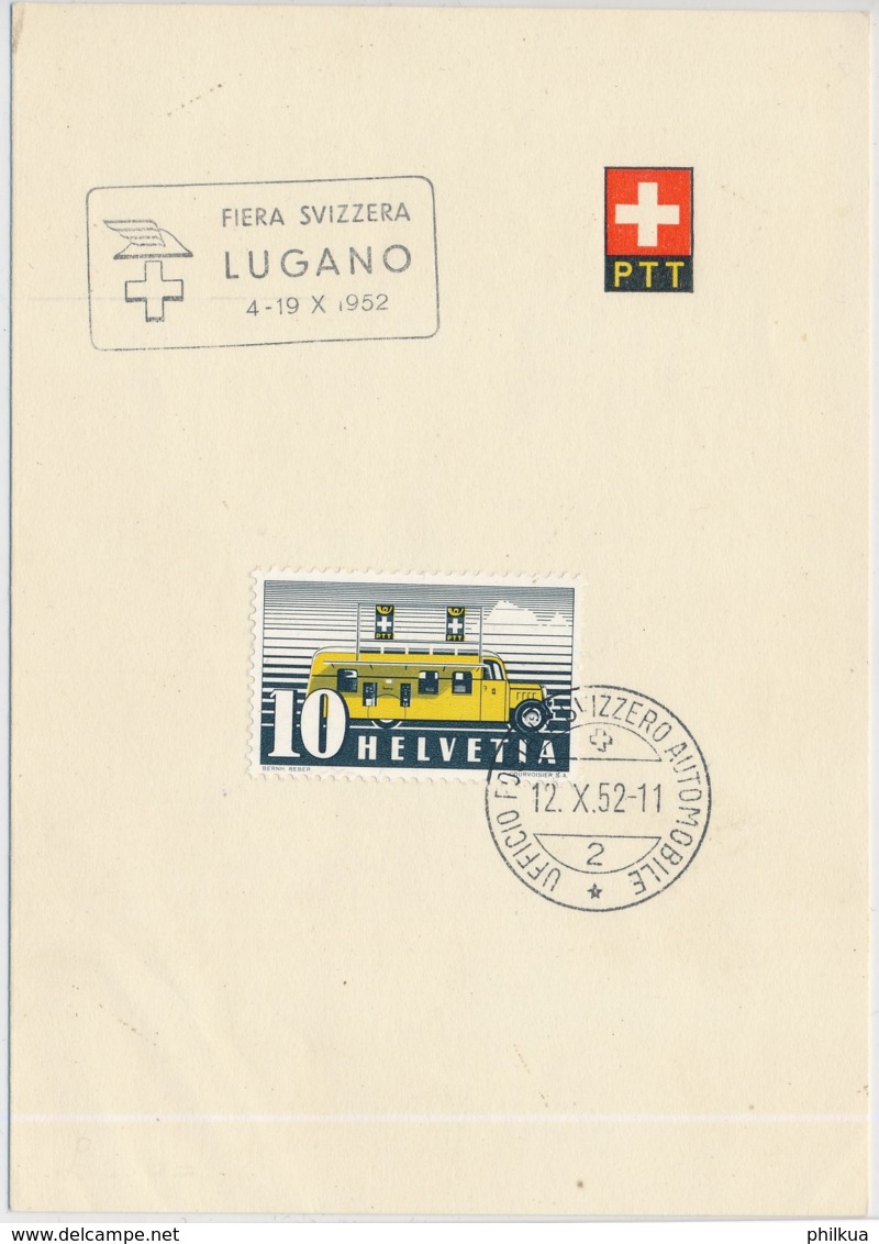 Faltblatt Mit Automobilpost SS Fiera Svizzera Lugano 1952 - Marcophilie