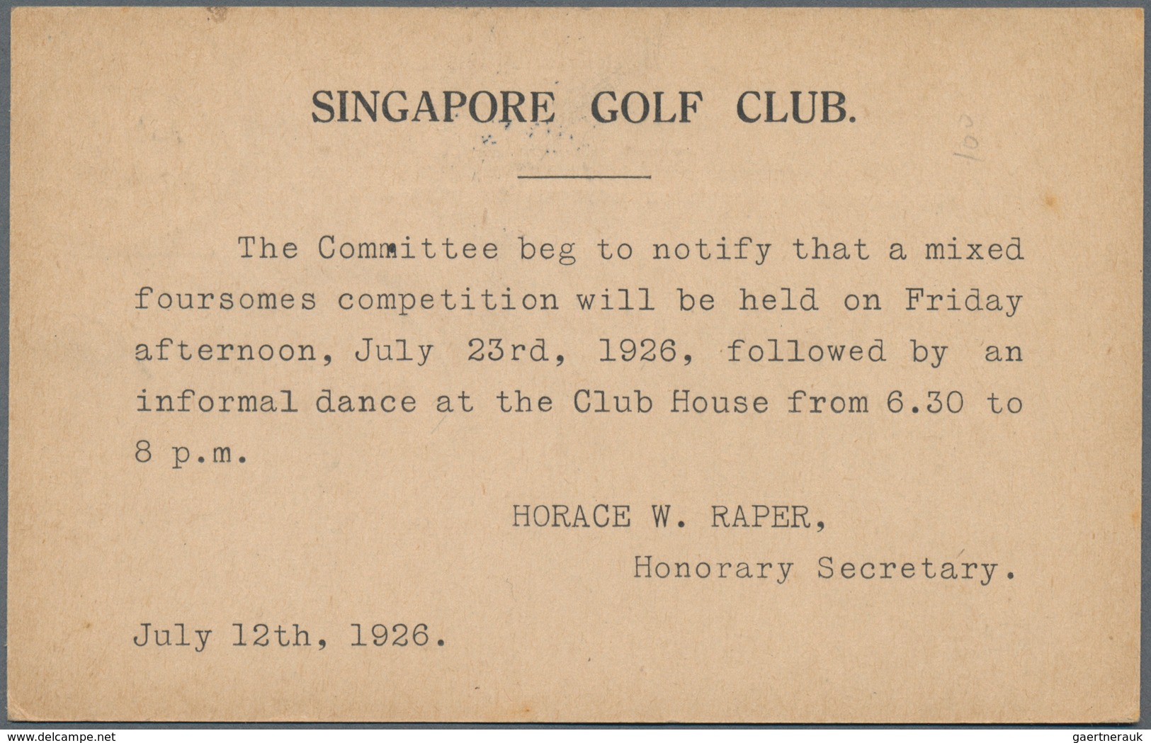 Thematik: Sport-Golf / Sport-golf: 1926, Singapore Golf Club: Invitation To Foursomes Competition On - Golf