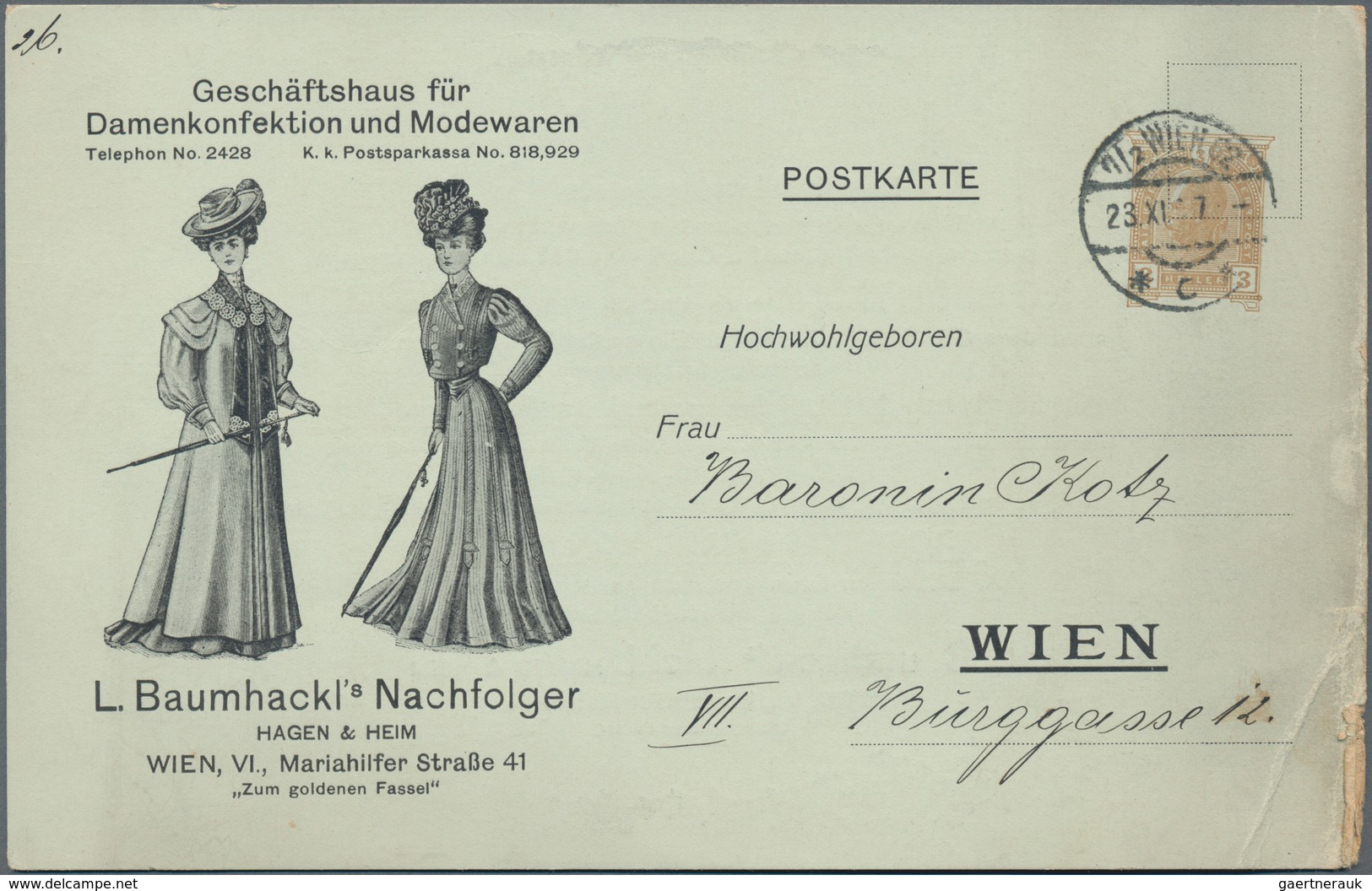 Thematik: Textil / Textiles: 1907, Austria. Private Postcard 3h Franz Joseph "Business House For Wom - Textile