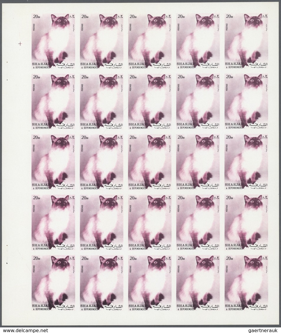 Thematik: Tiere-Katzen / Animals-cats: 1972. Sharjah. Progressive Proof (6 Phases) In Complete Sheet - Domestic Cats