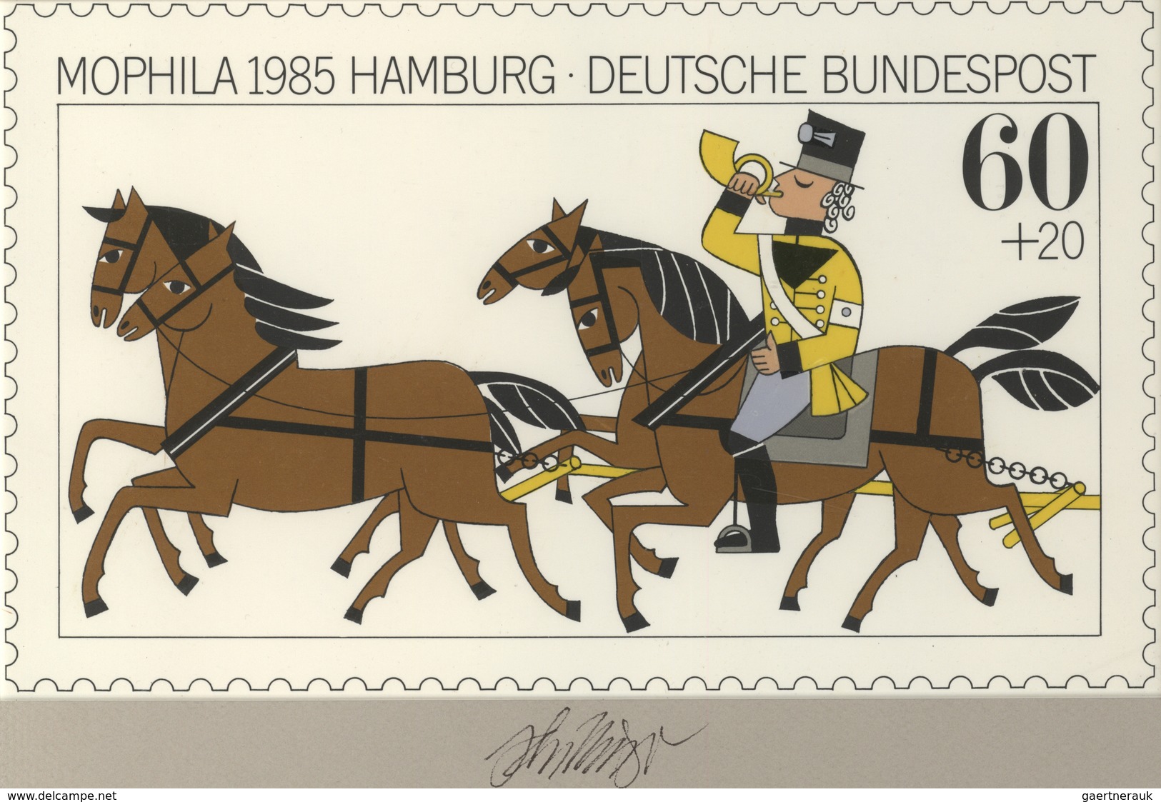 Thematik: Tiere-Pferdekutschen / Animals-horse Coaches: 1985, Bund, Original-Künstlerentwurf (26x15, - Paarden