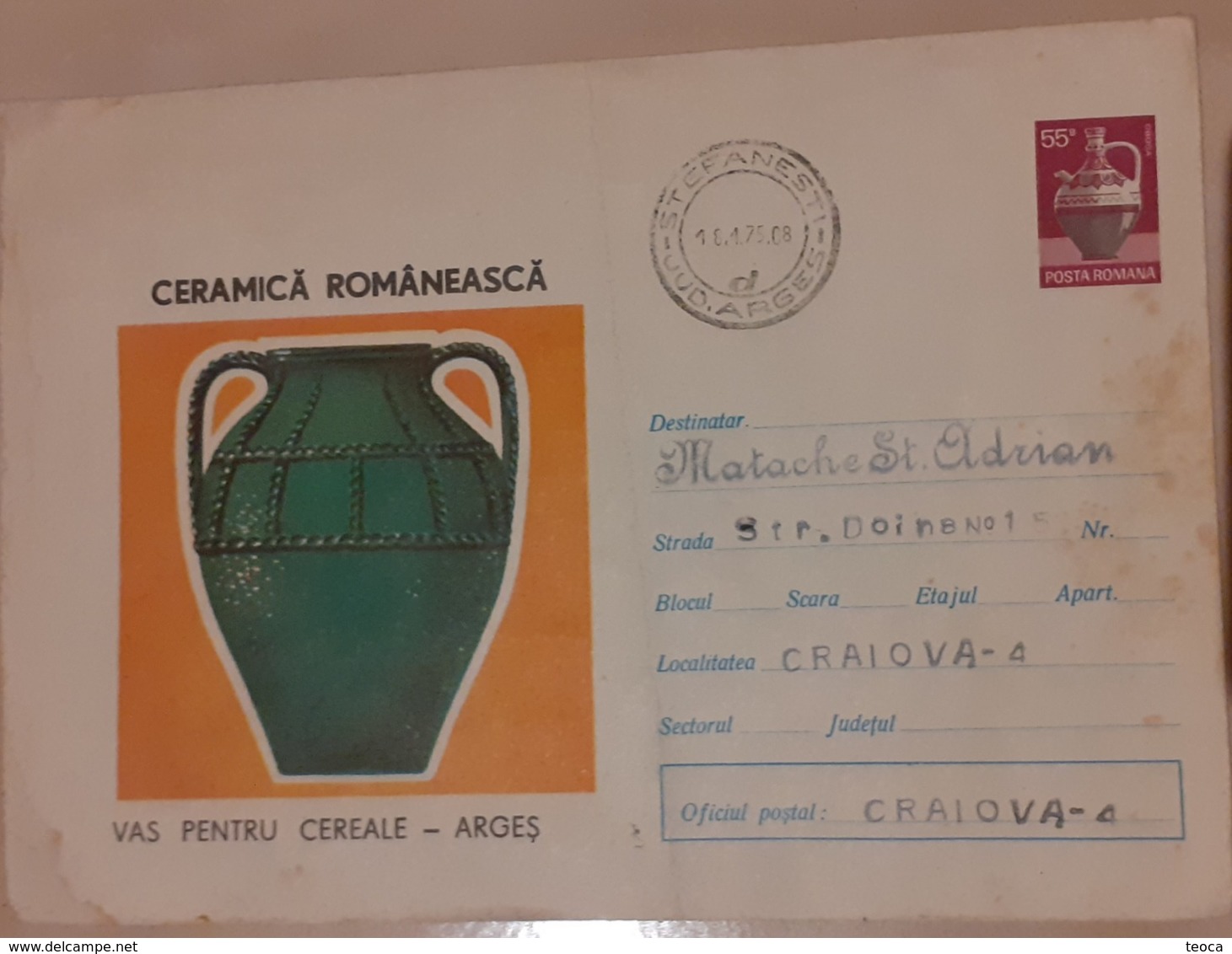 Cover Romania 1973, CANCELLATION STEFANESTI COUNTY ARGES, VAS CERAMIC  COUNTY ARGES - Cartas & Documentos