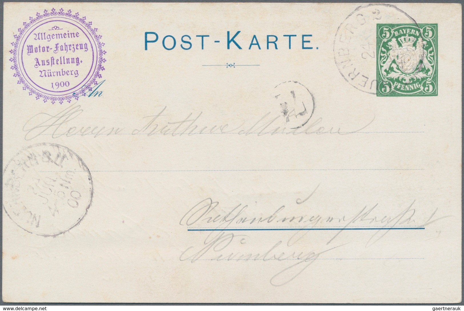 Thematik: Verkehr-Auto / Traffic-car: 1900, Bavaria. Private Entire Postcard 5 Pf Coat Of Arms "Allg - Autos