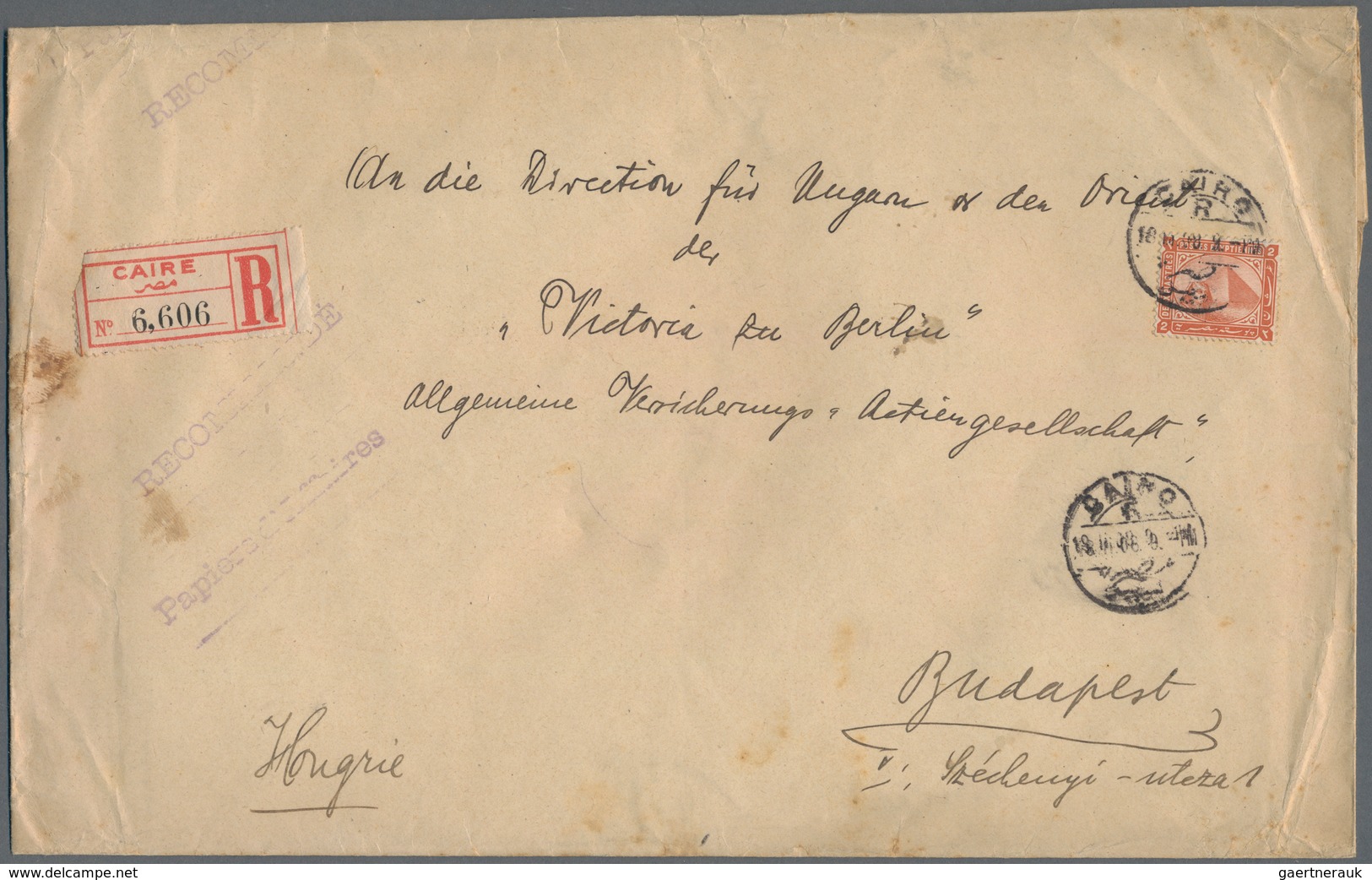 Ägypten: 1908 Printed Envelope Used Registered From Cairo To Budapest, Franked By 2pi. Orange-brown - Other & Unclassified