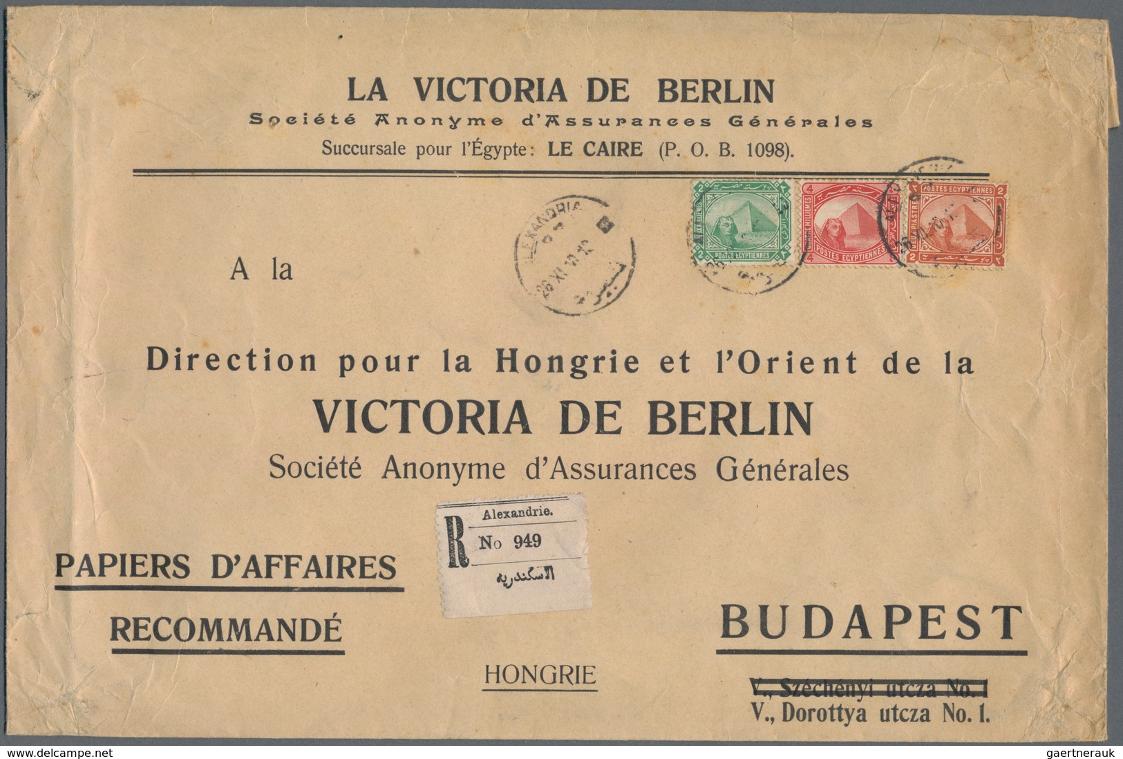 Ägypten: 1910 Printed "Business Papers" Envelope Used Registered From Alexandria To Budapest, Franke - Andere & Zonder Classificatie