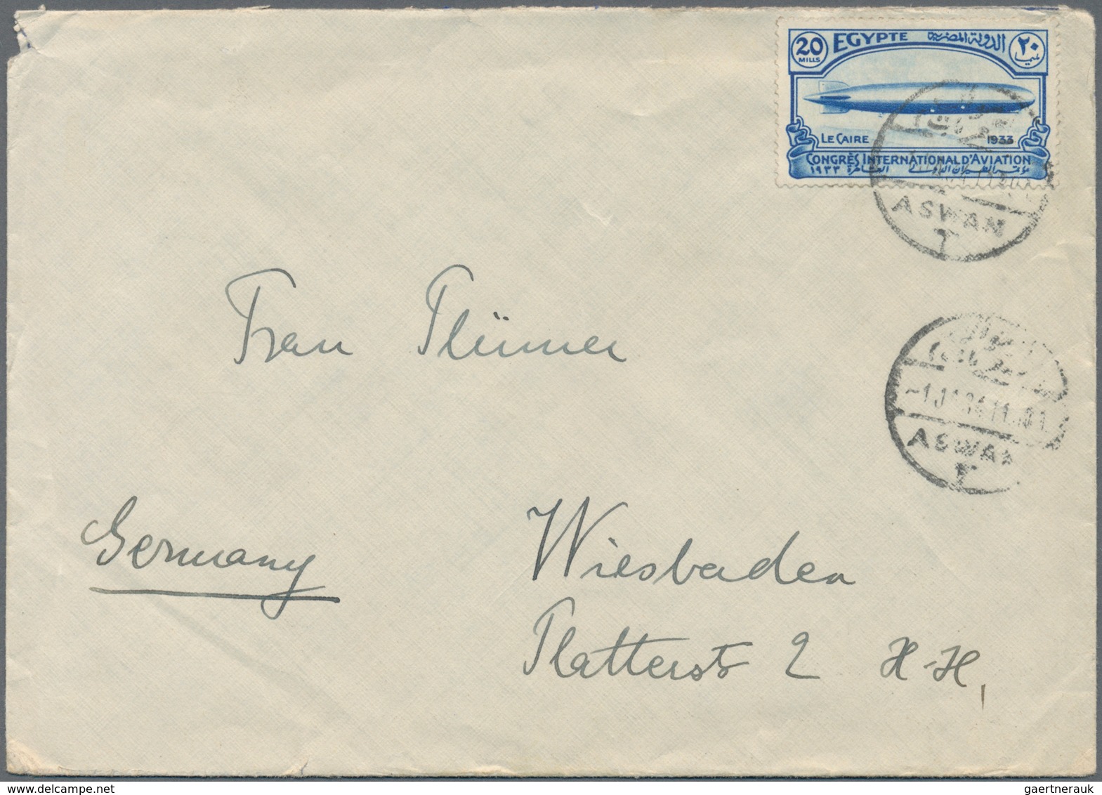 Ägypten: 1933, 20 M Blue 'Aviation Congress - Zeppelin', Exact Rate Single Franking On Cover From AS - Andere & Zonder Classificatie
