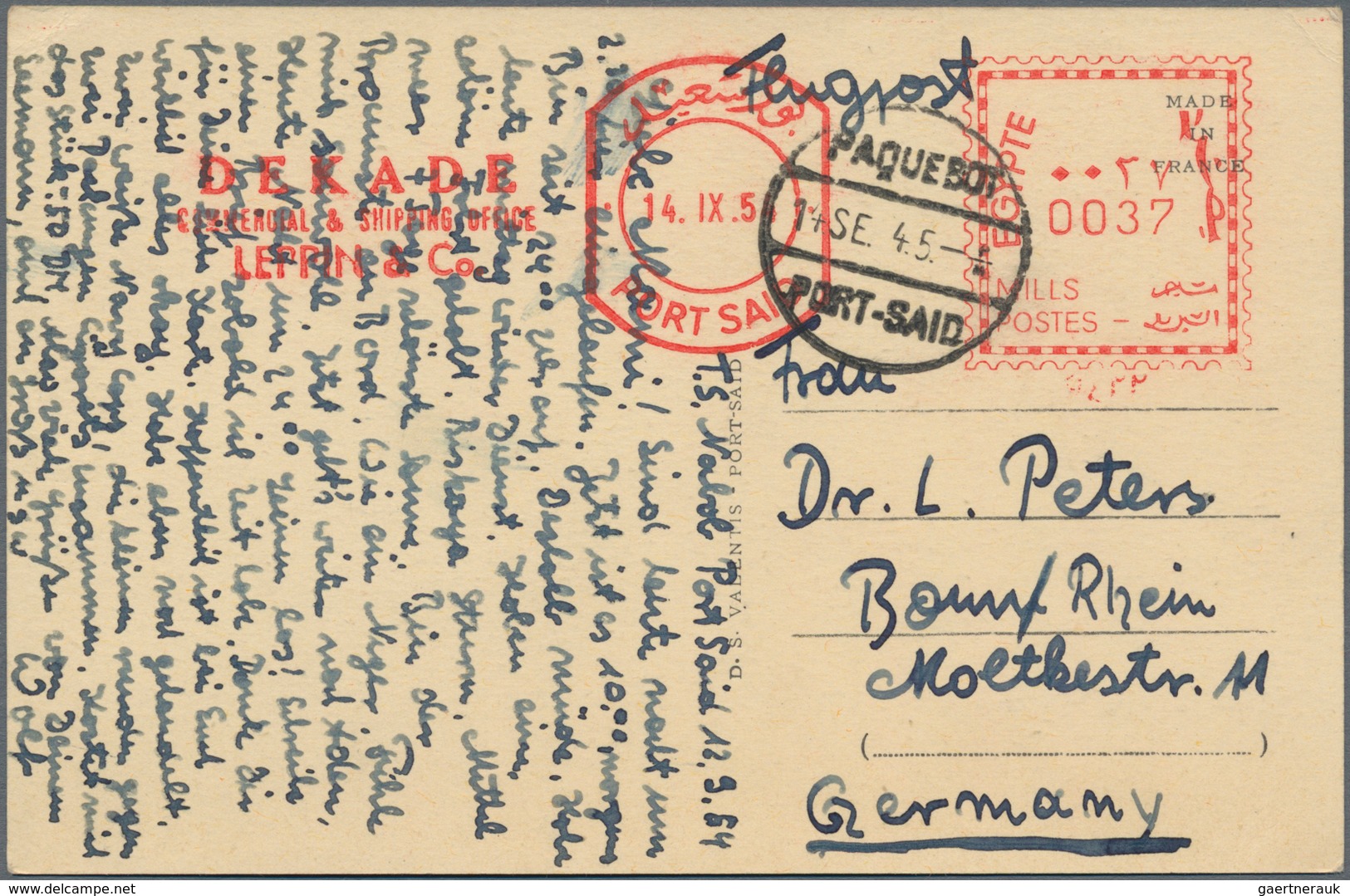 Ägypten: 1954, "0037 Miles" Franking Machine And Postmark "PAQUETBOT PORT SAID" On Souvenir Postcard - Andere & Zonder Classificatie