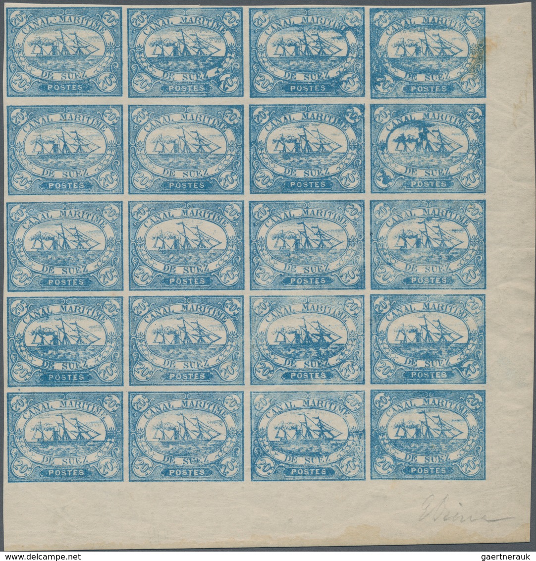 Ägypten - Suez-Kanal-Gesellschaft: 1868, 20 C Blue 'Steamship', Lower Right Sheet Corner Block Of 16 - Sonstige & Ohne Zuordnung