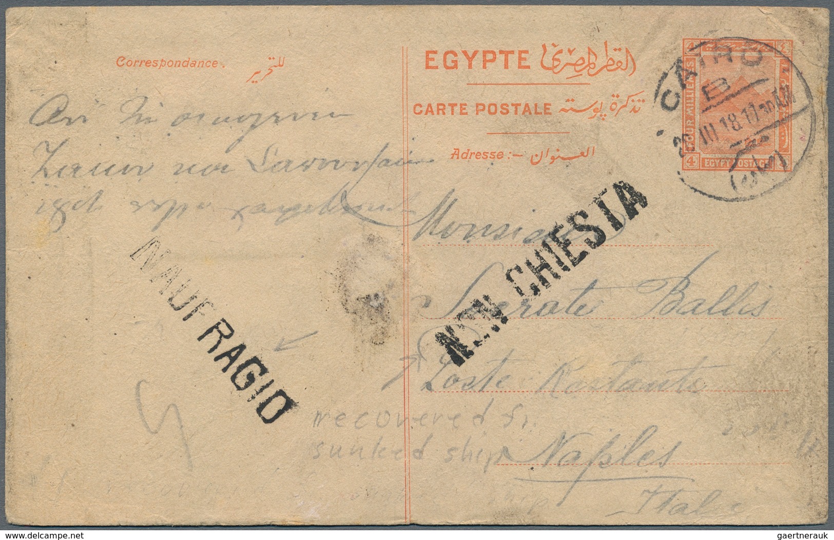 Ägypten - Ganzsachen: 1918 CRASH MAIL: Postal Stationery Card 4m. Red Used From Cairo To Naples, Ita - Andere & Zonder Classificatie