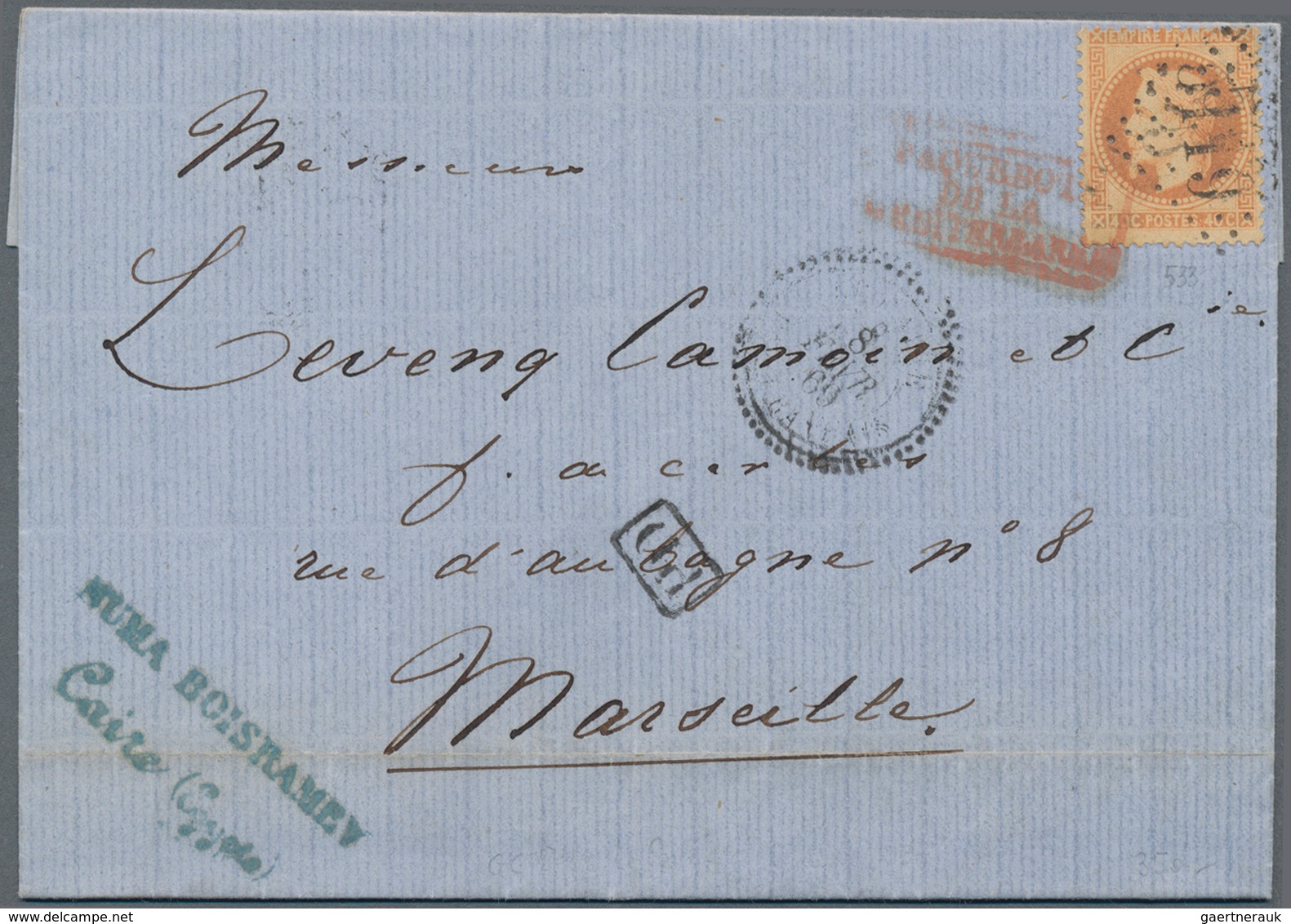 Ägypten - Schiffspost: 1869, Entire Franked With French 40 Cent. Napoleon Sent From CAIRO To Marseil - Sonstige & Ohne Zuordnung