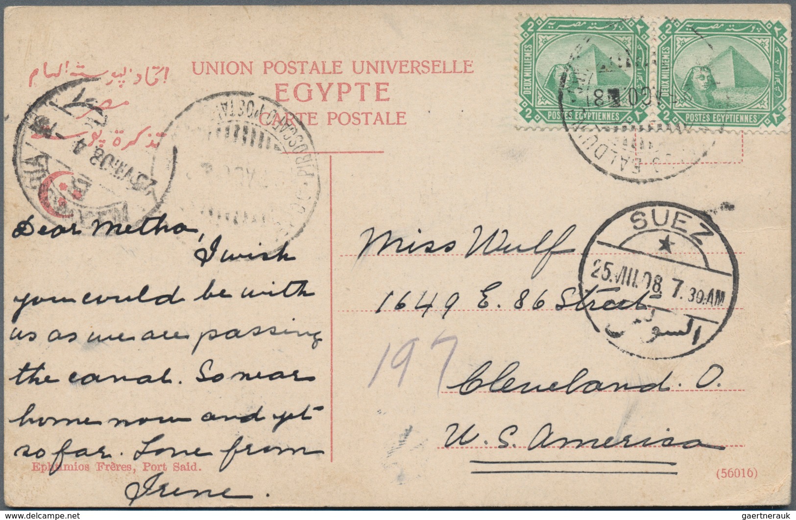 Ägypten - Schiffspost: 1908, ITALIAN MARITIME MAIL: Egypt, 2 X 2 M Green, Tied By Cds DOM ENICO BALD - Andere & Zonder Classificatie