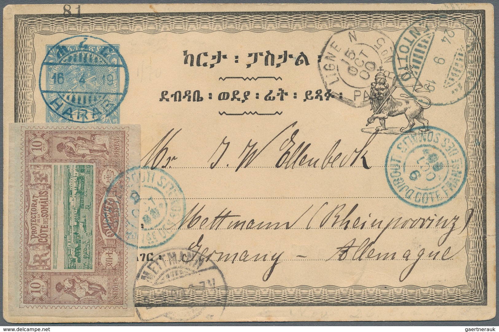 Äthiopien: 1900, 1 G Blue "Menelik" Postal Stationery Card, Uprated With French Somali Coast 10 C De - Ethiopië
