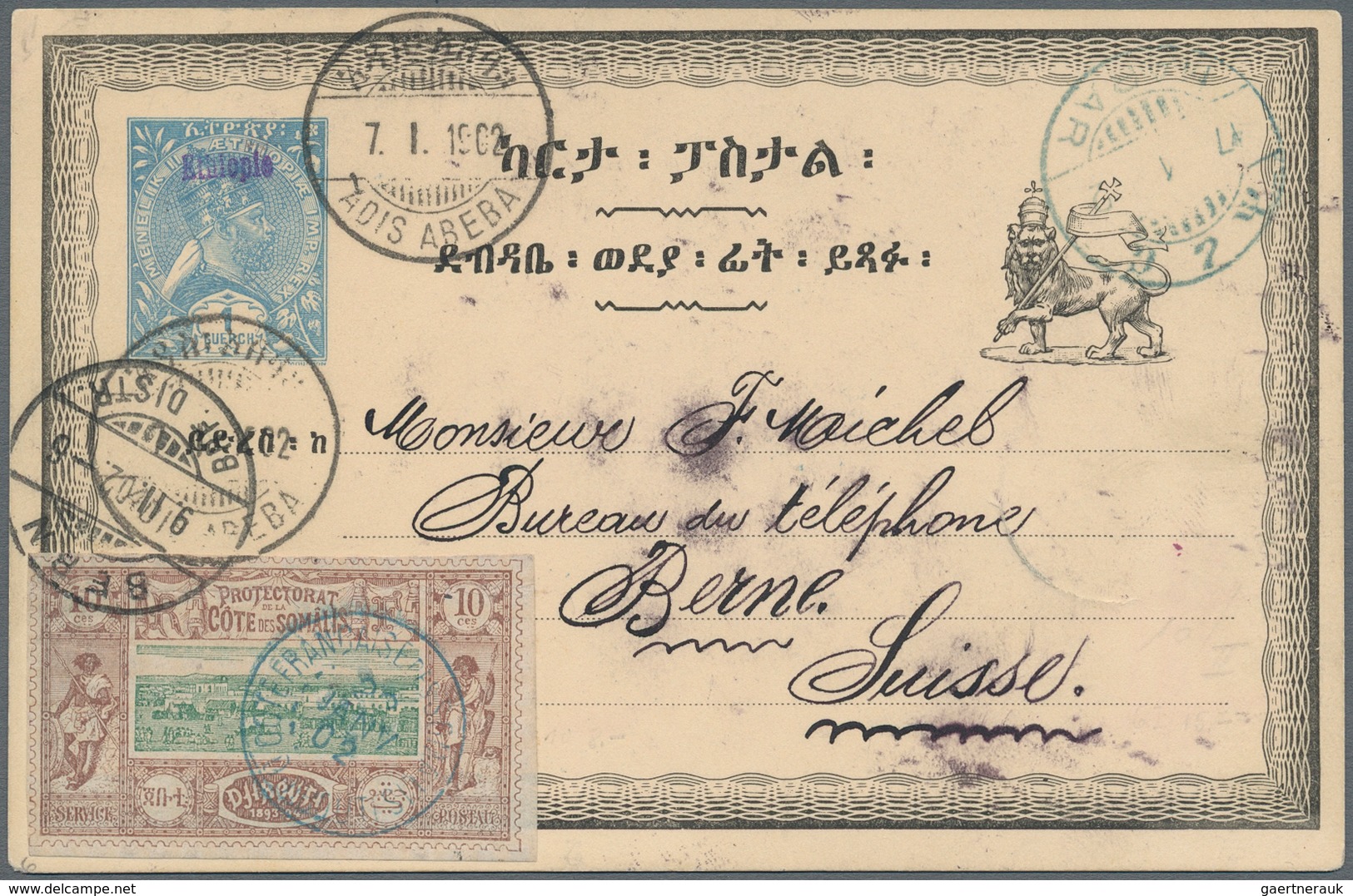 Äthiopien: 1902, 1 G Blue "Menelik" Postal Stationery Card With Ovp "Ethiopie" In Violet, Uprated Wi - Ethiopië