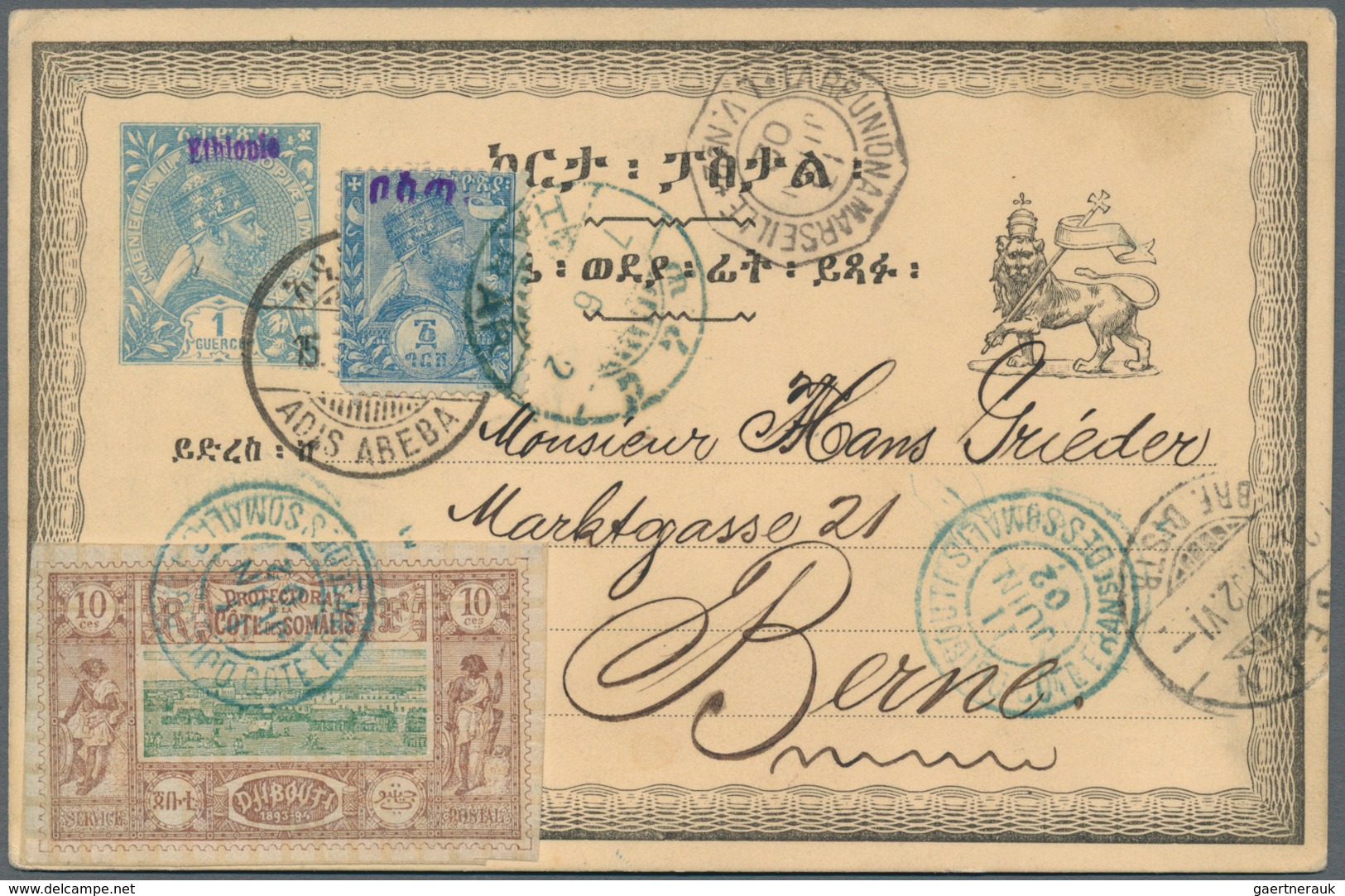 Äthiopien: 1902, 1 Guerche Ultramarine Overprinted At Top "Ethiopie" Postal Stationery Card With Add - Ethiopië