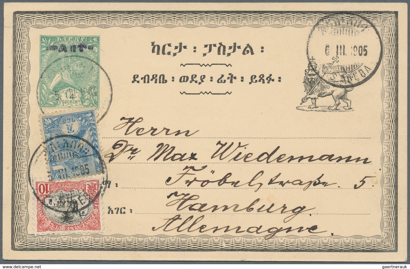 Äthiopien: 1905, 1/4 G Green "Menelik" Postal Stationery Card With Amharic Ovp "malekt" In Violet, U - Äthiopien