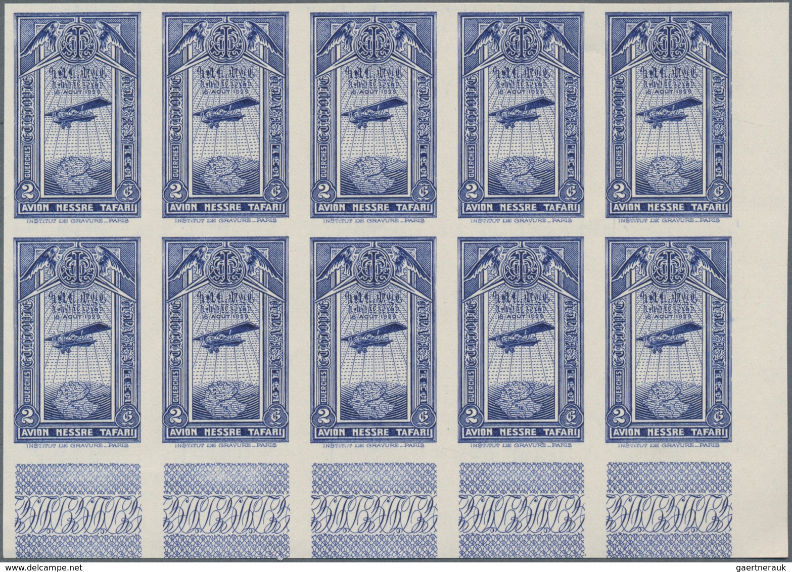 Äthiopien: 1931, 1st Airplane Of Ethiopian Government 2g. Ultramarine IMPERFORATE Block Of Ten From - Ethiopia