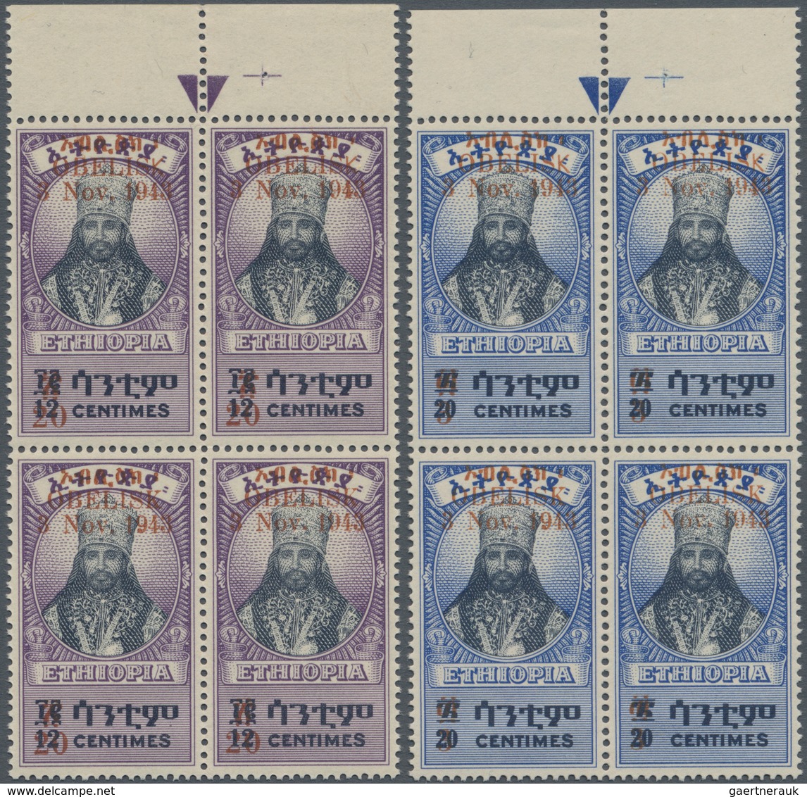 Äthiopien: 1943, War Memorial Overprints, Complete Set Of Five Values In Top Marginal Plate Block Of - Ethiopië