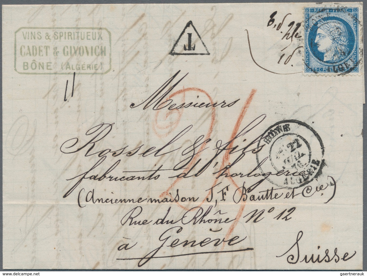 Algerien: 1876, Complete Folded Letter Franked With French Stamp 25 C Blue From BONE To Geneve/Switz - Briefe U. Dokumente