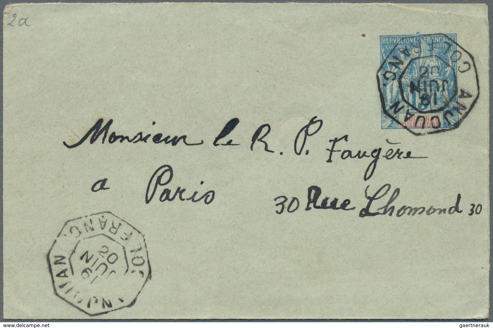 Anjouan: 1902, Stationery Envelope 15 C Blue/red Sent From "ANJOUAN COL.FRANC. 19 JUIN 02" (year Inv - Altri & Non Classificati