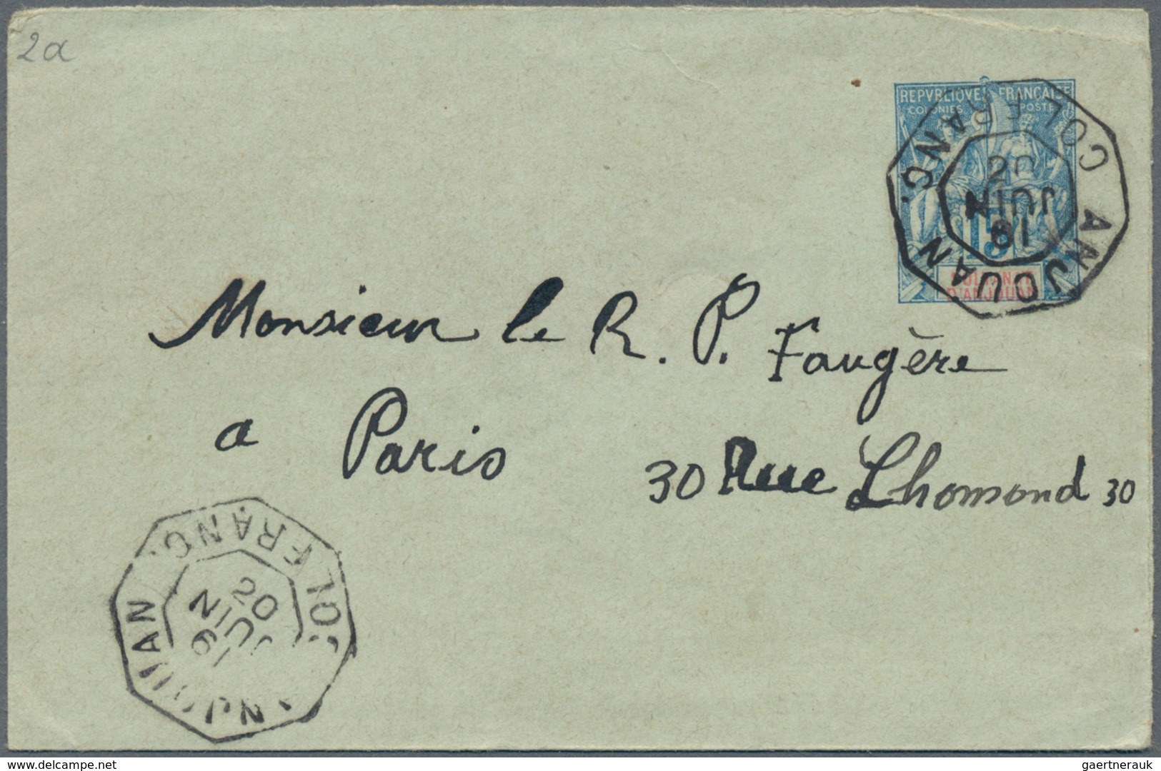 Anjouan: 1902, Stationery Envelope 15 C Blue/red Sent From "ANJOUAN COL.FRANC. 19 JUIN 02" (year Inv - Other & Unclassified