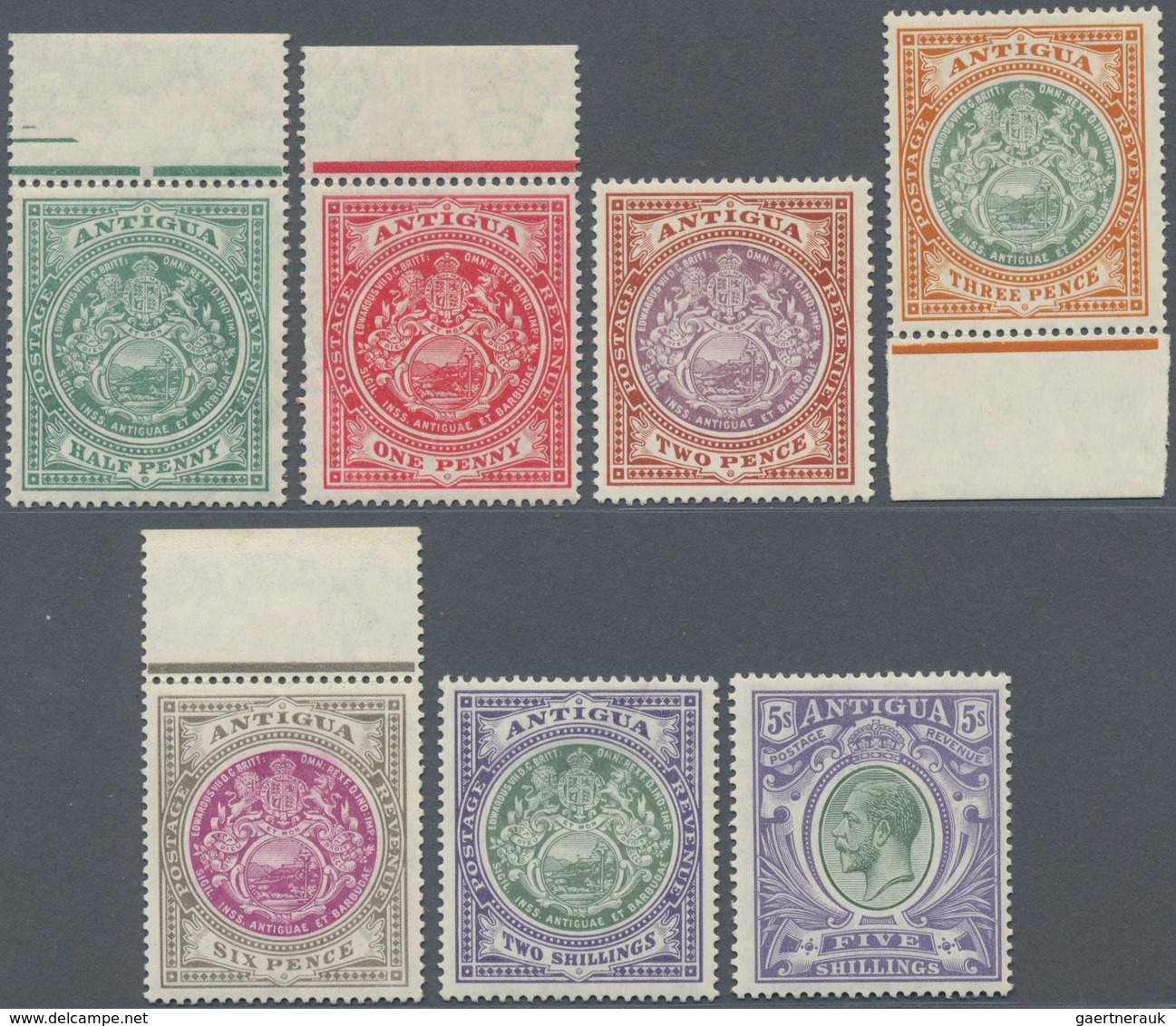 Antigua: 1908/1913, Definitive Issue Part Set Of Seven To KGV 5s. With Wmk. Mult. Crown CA (missing - Antigua Und Barbuda (1981-...)