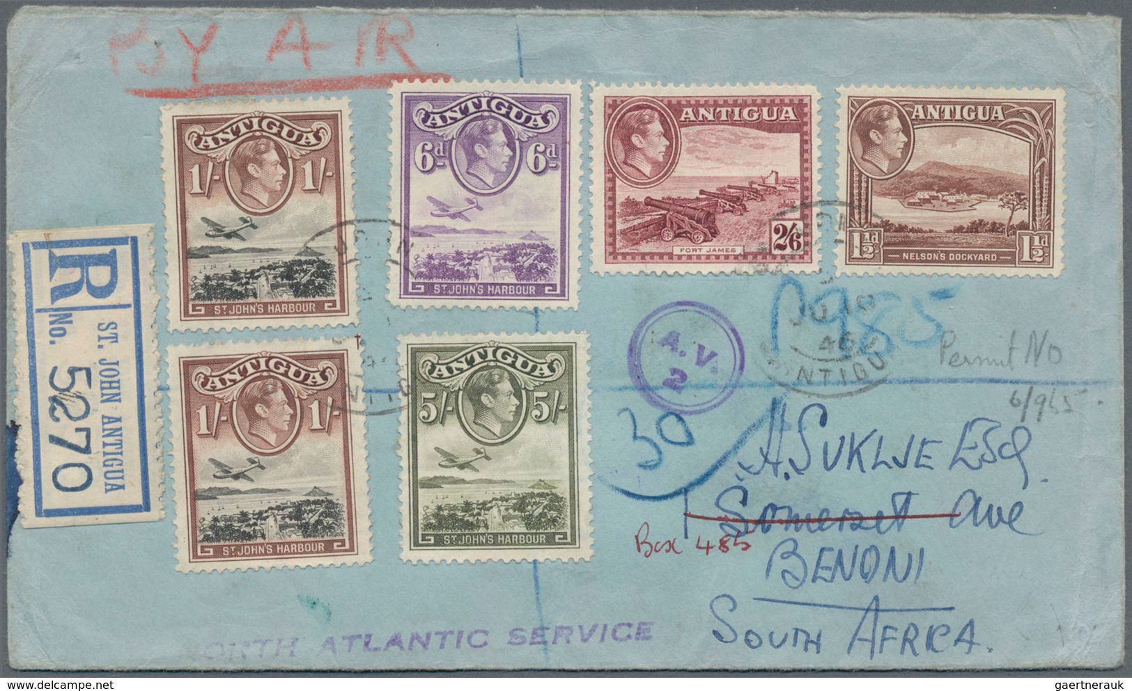 Antigua: 1938, KG VI 2x 1 Sh, 2Sh6P, 5 Sh, 6 D And 1½ D On Registered Airmail-envelope "North Atlani - Antigua Und Barbuda (1981-...)