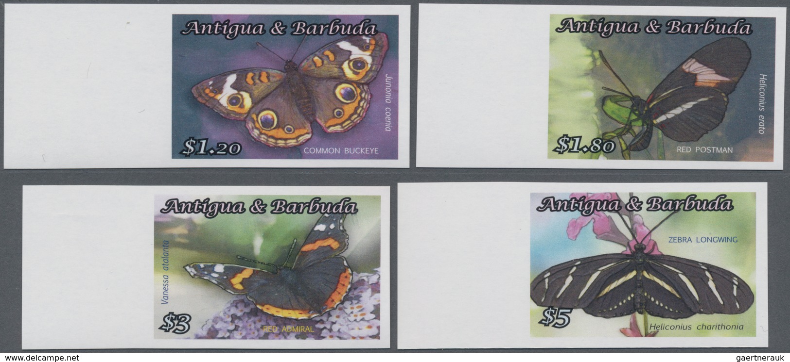 Antigua: 2010, Butterflies Complete IMPERFORATE Set Of Four (Common Buckeye, Red Postman, Red Admira - Antigua And Barbuda (1981-...)