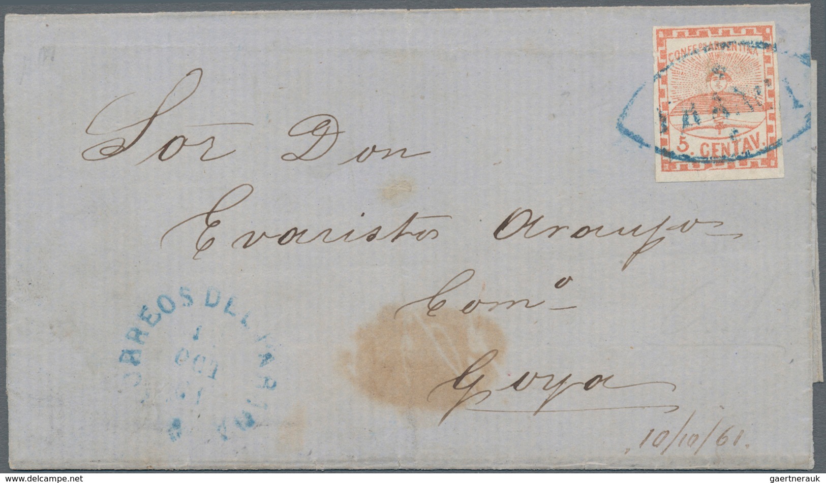 Argentinien: 1858 5c. Light Red, Small Numerals, Used On Folded Cover From Parana To Goya, Tied By B - Sonstige & Ohne Zuordnung