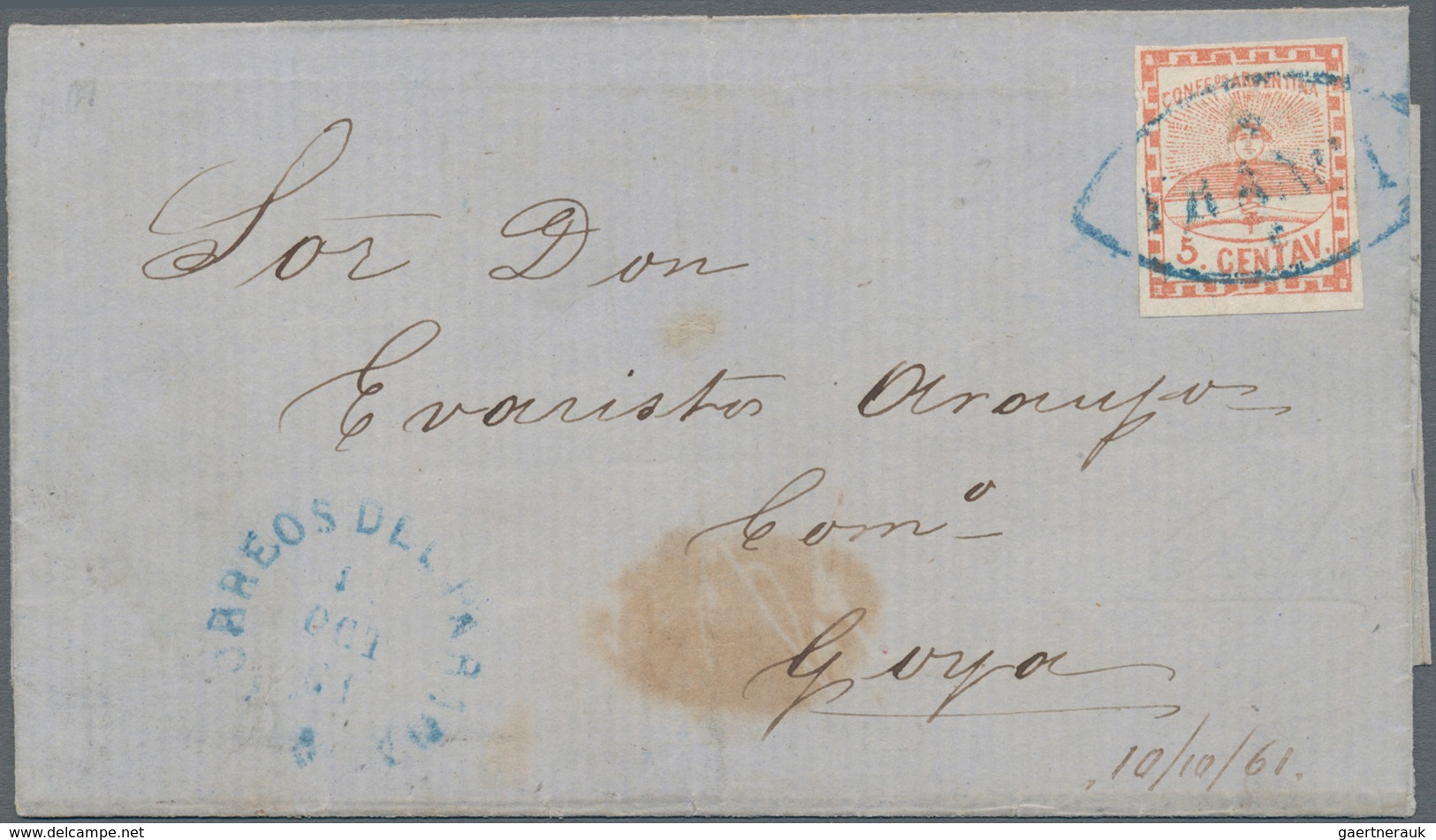 Argentinien: 1858 5c. Light Red, Small Numerals, Used On Folded Cover From Parana To Goya, Tied By B - Other & Unclassified