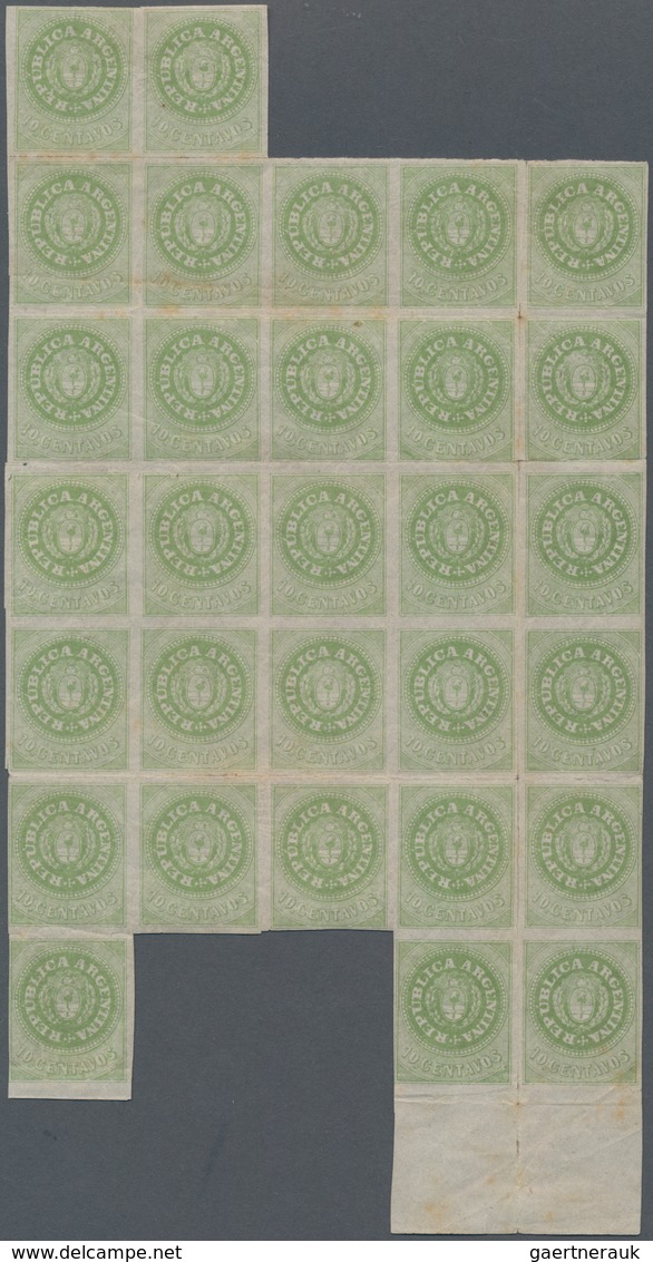 Argentinien: 1862 'Coat Of Arms' 10c. Yellow-green With Accent, Irregular Block Of 30, Mint With Lar - Andere & Zonder Classificatie
