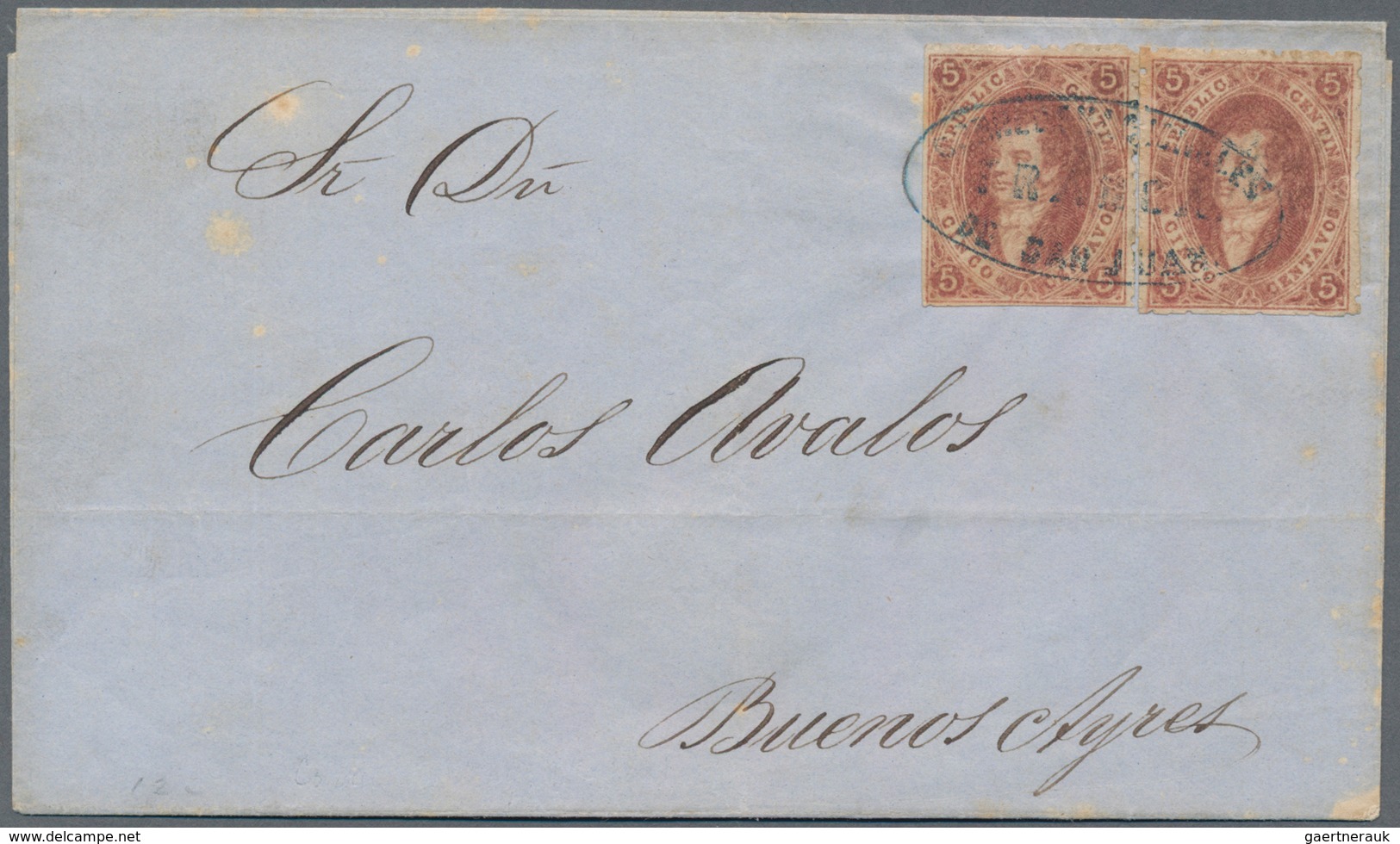 Argentinien: 1864, Rivadavia 5c. Carmine, Two Copies Of Fresh Colour And Well Perforated/scissor's S - Sonstige & Ohne Zuordnung