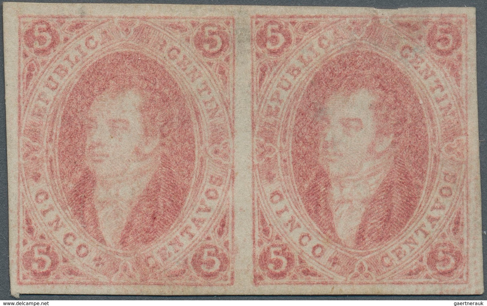 Argentinien: 1867 'Rivadavias' 5c. Light Rose, No Watermark, 6th Printing, IMPERFORATED HORIZONTAL P - Andere & Zonder Classificatie