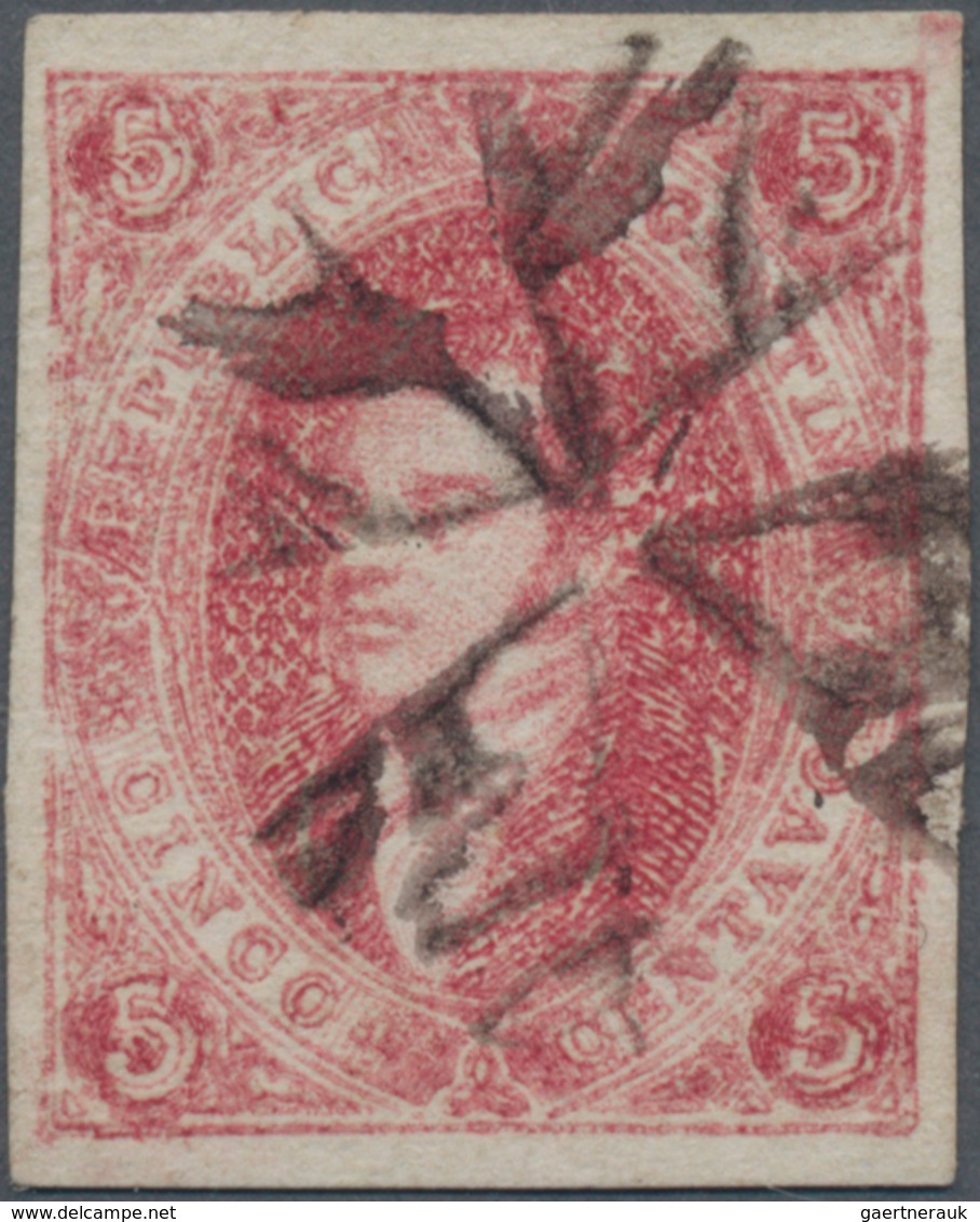 Argentinien: 1867 Rivadavia 5c. Carmine-rose From 8th Printing, W/o Wmk, Imperf, Used And Cancelled - Sonstige & Ohne Zuordnung