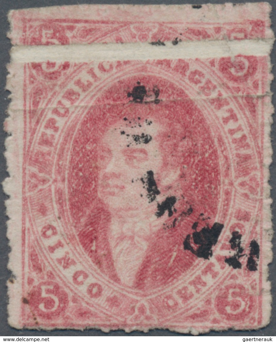 Argentinien: 1867 Rivadavia 5c. Carmine-rose From The 7th Printing, No Watermark, Showing Variety "c - Andere & Zonder Classificatie