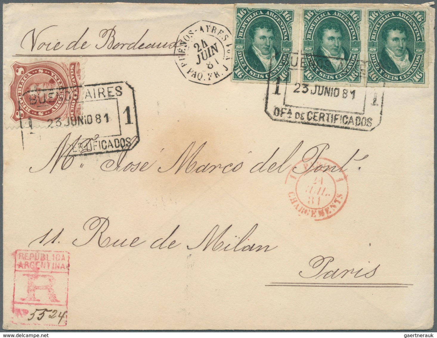 Argentinien: 1881 Registered Cover From Buenos Aires To Paris By Steamer "Niger" Via Bordeaux, Frank - Andere & Zonder Classificatie