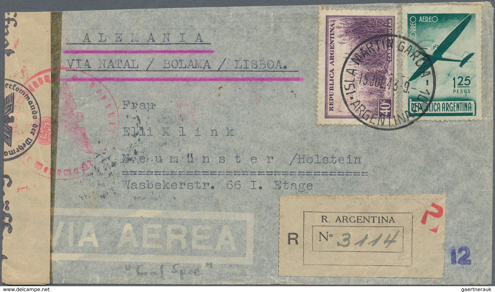 Argentinien: 1943 - 1,25P And 40c Registered Airmail Cover To Neumünster, Cancelled By Cds "Isla Mar - Other & Unclassified