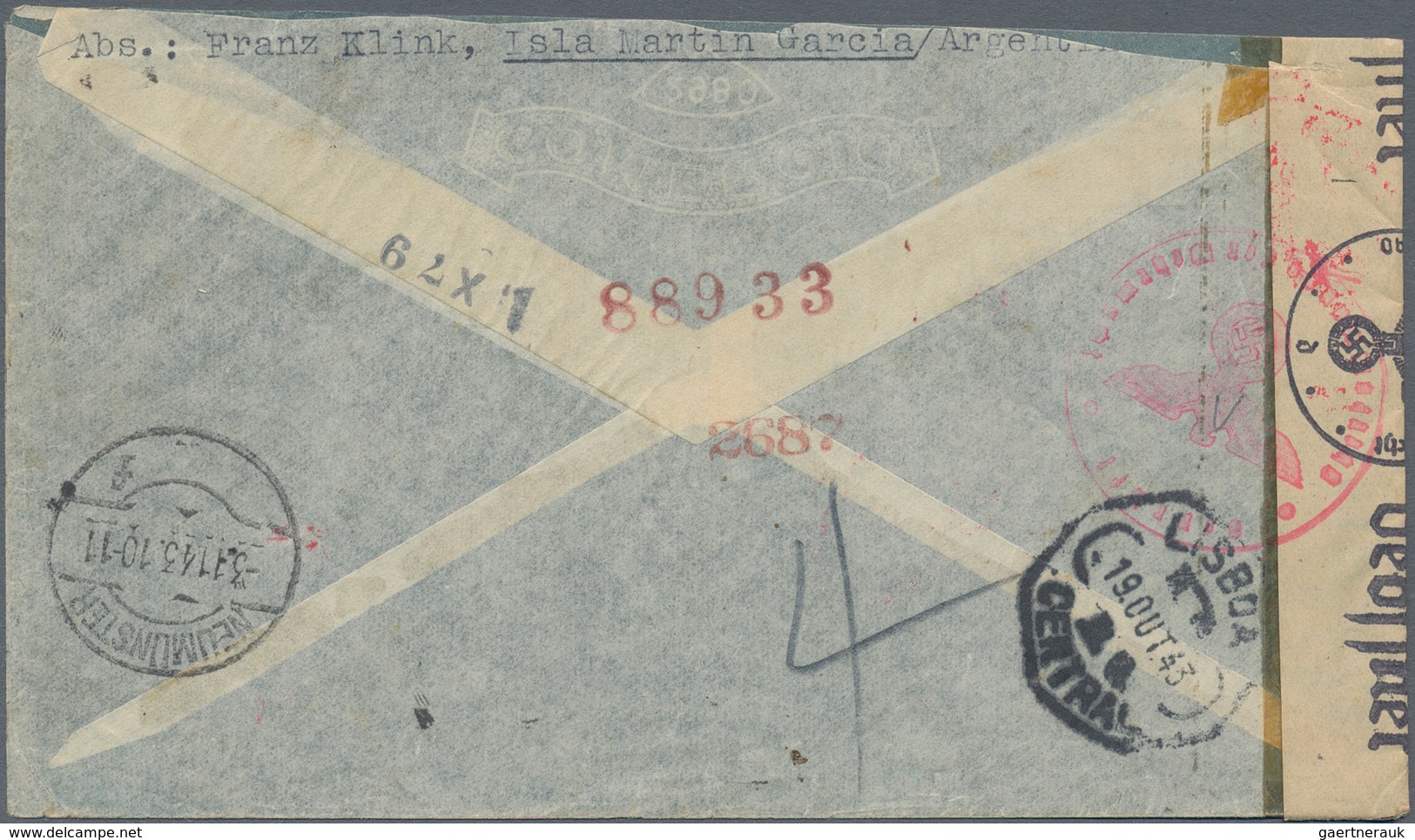 Argentinien: 1943 - 1,25P And 40c Registered Airmail Cover To Neumünster, Cancelled By Cds "Isla Mar - Other & Unclassified