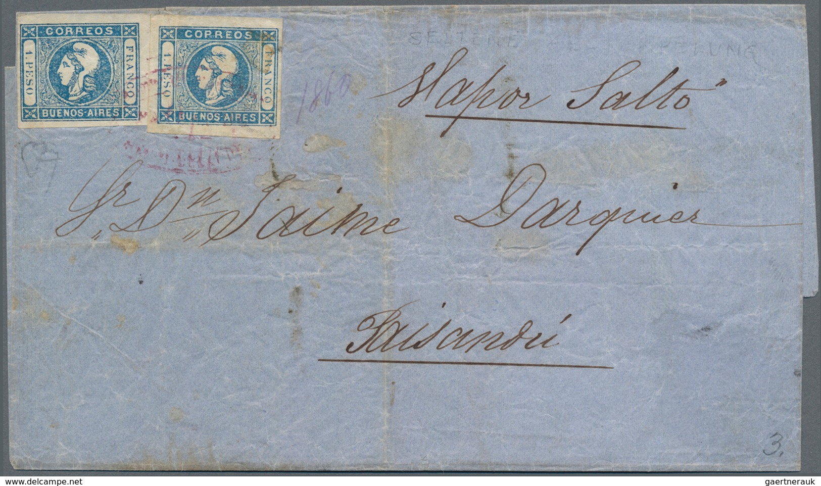 Argentinien - Provinzen: Buenos Aires: 1859, Two Singles Of 1p. Blue, Blurred Impression, Used On Fo - Buenos Aires (1858-1864)