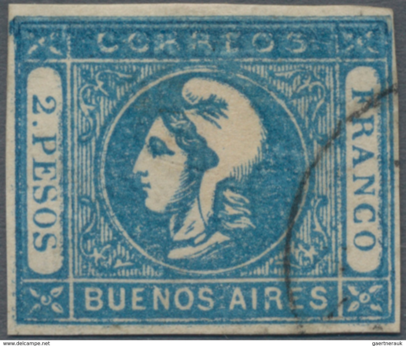 Argentinien - Provinzen: Buenos Aires: 1862, Liberty Head 2 Pesos Blue, Clear Double Print In Upper - Buenos Aires (1858-1864)