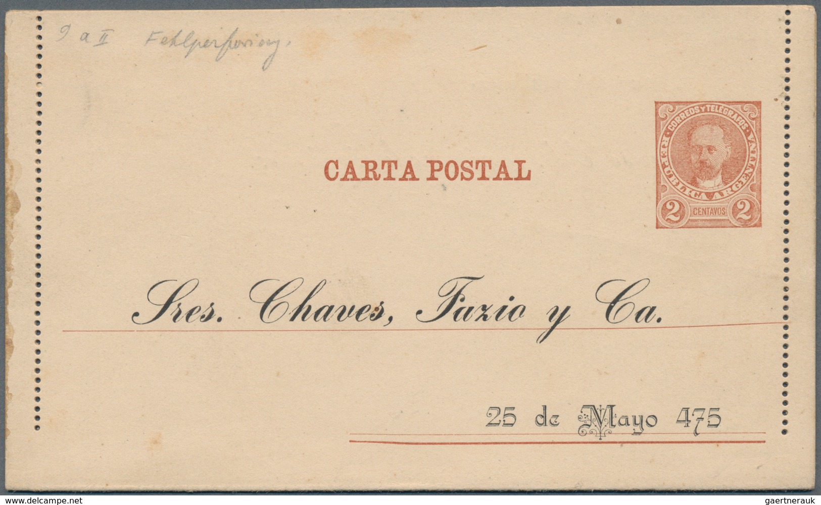 Argentinien - Ganzsachen: 1892, Stationery Letter Card M.J.Celman 3 C Brown With Perforation Shifted - Postal Stationery